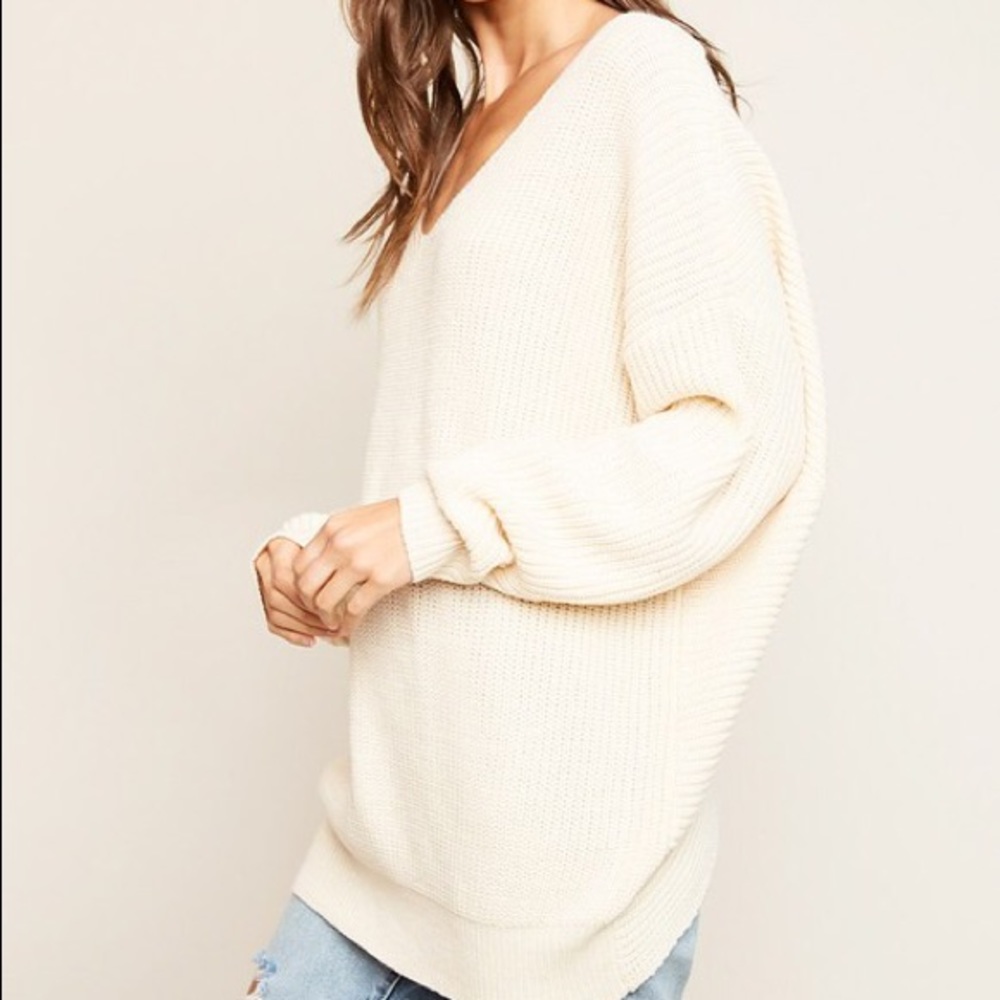 SOLD OUT CLEARANCE Ivory Twist Cross Back Oversized V Neck Sweater - Picture 2 of 3